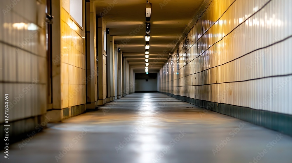 Poster long and narrow corridor illuminated by warm lights with textured walls and a smooth floor : generat