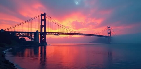 Fototapeta premium Humber Bridge at sunset with foggy atmosphere, landscape, water