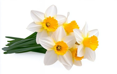 Obraz premium Beautiful Bouquet of Fresh White and Yellow Daffodils with Green Leaves on White Background