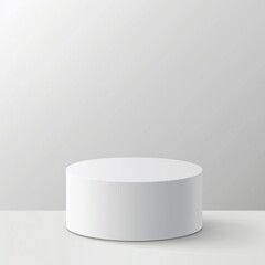 Realistic illustration of a white cylindrical podium with smooth sides, flat top, subtle shadows, and gradients, set against a clean white background with realistic lighting for clarity and sharpness.