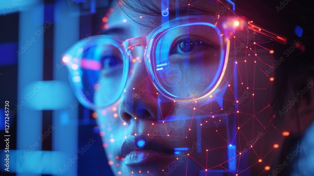 Poster individual with glasses engaging with futuristic technology in a low light setting, illuminated by v
