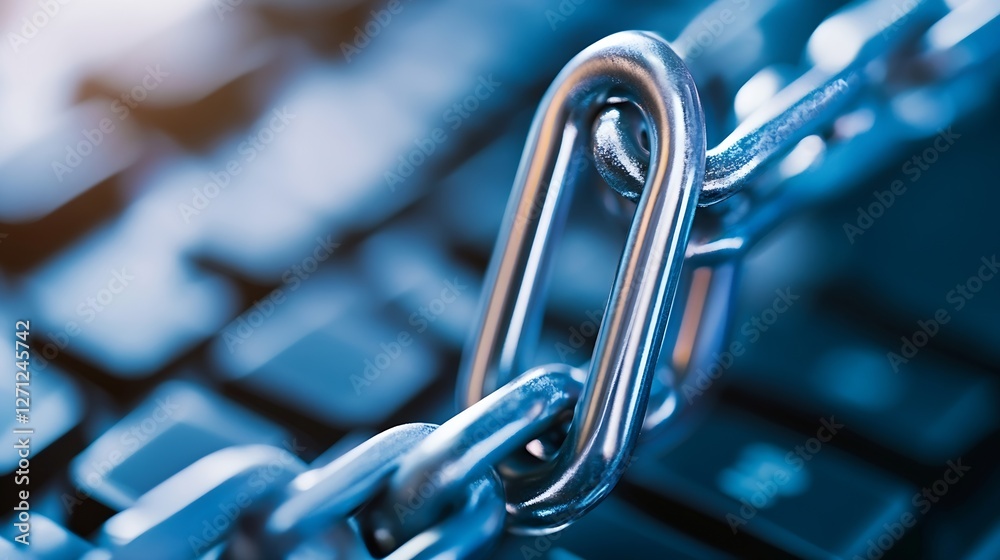 Fototapete Closeup of a chain link attached to a keyboard emphasizing security in technology : Generative AI