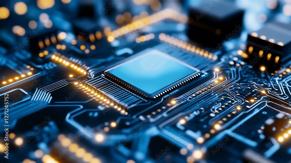 Poster closeup view of a modern circuit board showcasing intricate details and vibrant led lights illuminat