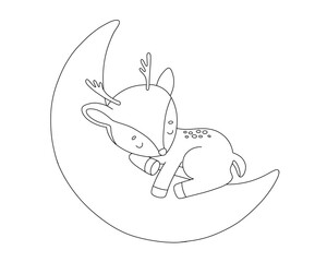 Baby deer sleep on moon, vector line illustration for coloring book