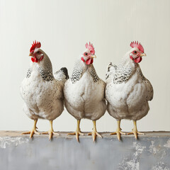 Fototapeta premium Three black-and-white hens standing in a row on a wooden surface