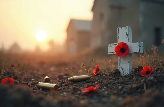 Ground view of white cross with red poppy on grave at sunset. Bullet casings lying nearby. Remembrance day, armistice concept. World war memories, peace and no more war.