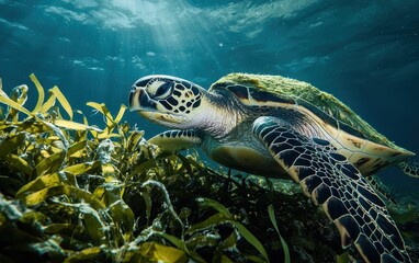 Obraz premium A sea turtle feeding on seaweed near the ocean floor