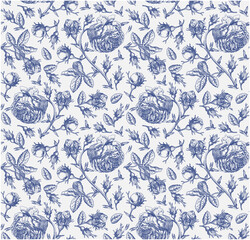 Seamless pattern. Beautiful pink blooming realistic isolated flowers. Vintage background. Set Roses wildflowers. Wallpaper. Drawing engraving. Vector victorian Illustration