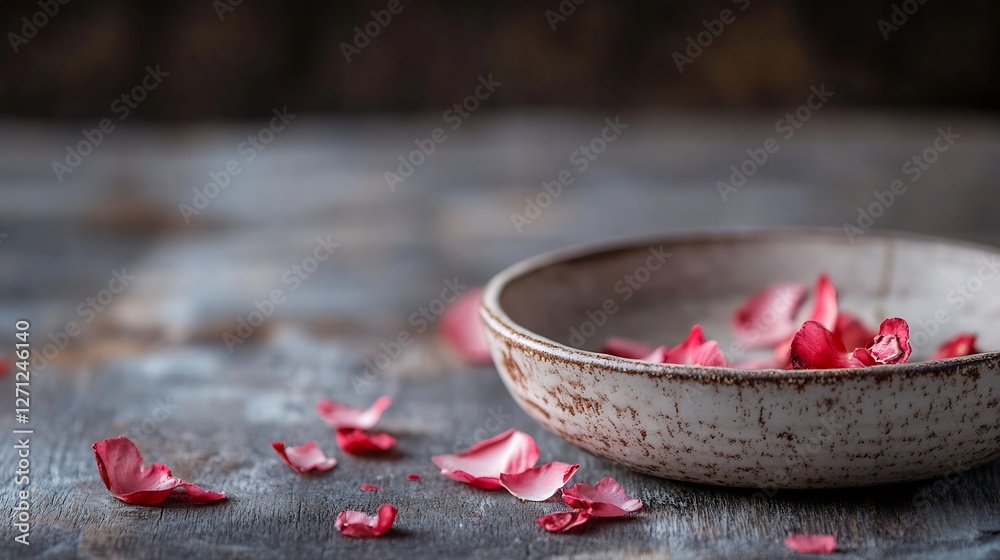 Poster delicate rose petals scattered on a rustic plate on a soft focus background : generative ai