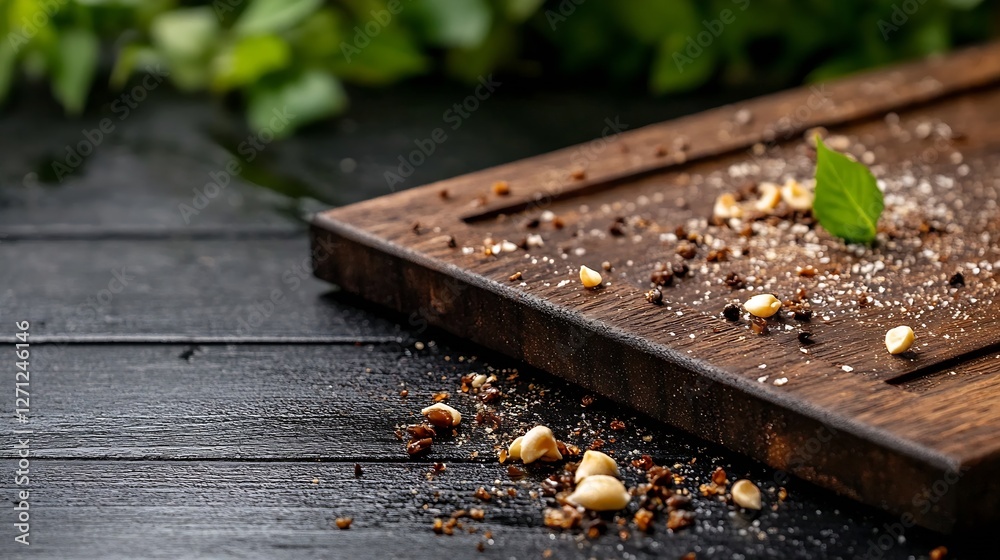 Poster wooden board with spices and fresh herb on rustic table for culinary art : generative ai