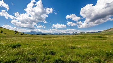 Obraz premium Expansive Green Meadow Landscape Under a Vibrant Blue Sky with Fluffy White Clouds : Generative AI