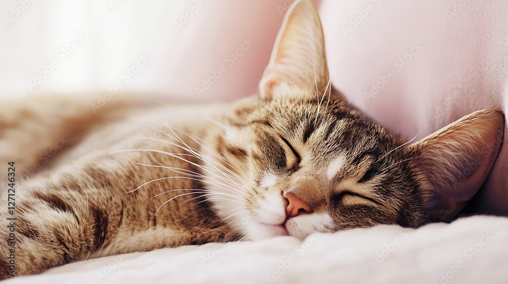 Poster Cute sleeping cat resting comfortably on a soft surface with a peaceful expression : Generative AI