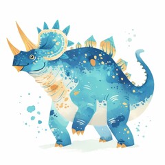 Fototapeta premium Adorable Watercolor Triceratops Dinosaur Illustration Cute Prehistoric Creature Baby Dino Design