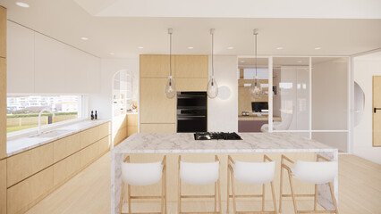 Modern minimalist 3D kitchen rendering with neutral tones and sleek design