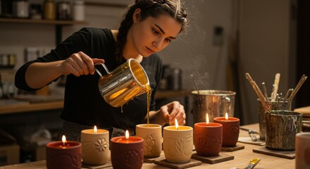 A candle maker pouring wax into molds, capturing the fluid motion and glow of creativity