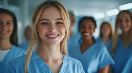 Obraz premium Portrait of a group of pretty young female medical students, in blue scrubs inside a modern hospital.
