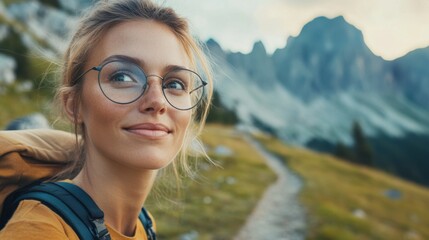 Myopia prevention with a woman wearing glasses hiking in the mountains. Wellness, fitness, and eye protection