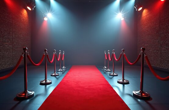 Red carpet leads to blank backdrop wall surrounded by stanchions with velvet ropes and stage lighting. Grand entrance awaits celebrities, special guests at film premiere, award ceremony. VIP event.