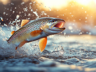 Golden trout jump out of the water trying to catch the bait. Setting sun, splashes in the water. Best fishing, concept. Generative Ai
