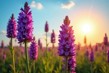 Obraz premium Purple Liatris flowers against a bright blue sky during sunrise, warm weather