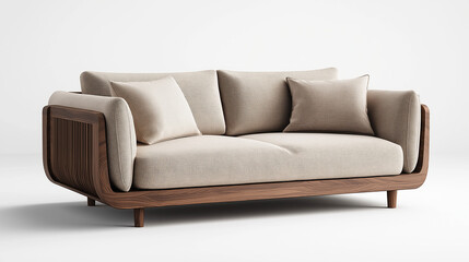 Obraz premium Elegant modern sofa with wooden frame and neutral fabric upholstery perfect for minimalist interior design and luxury home decor. Copy space