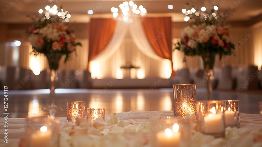 Poster romantic wedding venue setup with elegant decor and soft glowing candles creating a warm atmosphere 