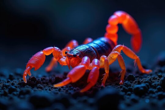 Scorpion Buthus occitanus glowing bright in full body under uv light, wildlife photography, arachnid