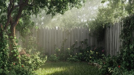 Fototapeta premium Sunlit Secret Garden with Wooden Fence, Lush Greenery, and Flowers.