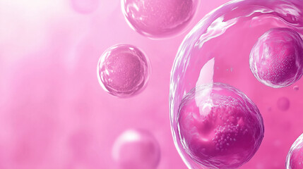 Creative illustration of cell differentiation in stem cells, showcasing vibrant pink cells with glossy texture. This captures essence of biological processes in visually appealing manner