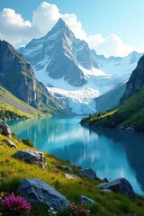 Serene mountain landscape with snow-capped peaks and a glacial lake in sunlight, landscape, serene mountains
