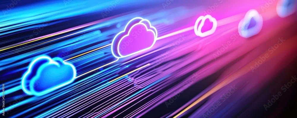 Poster a vibrant digital image depicting stylized clouds amid streams of colorful light, symbolizing cloud 