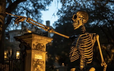 Obraz premium A skeleton tour guide pointing at a historic landmark