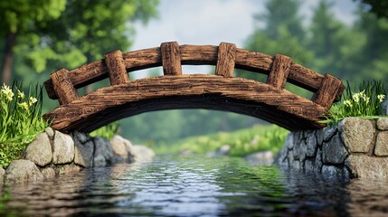 Fototapeta premium Rustic Wooden Footbridge over Tranquil Stream in Lush Forest Setting, Idyllic Nature Scene, Peaceful Escape to Countryside
