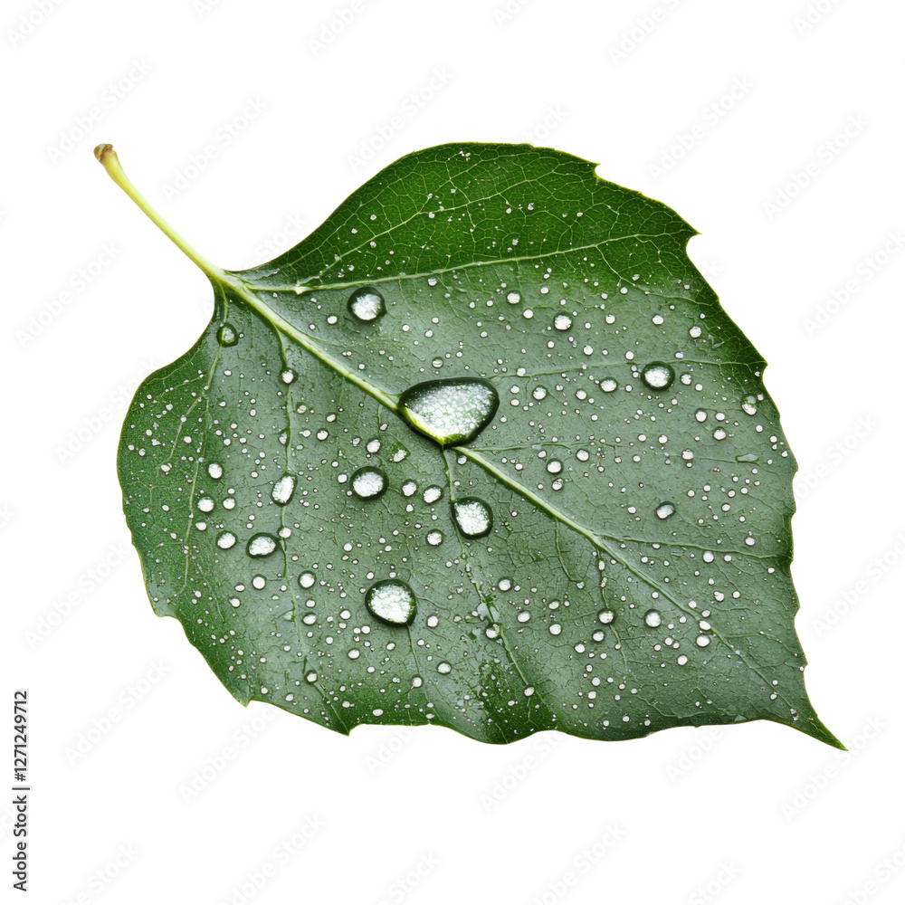 Poster green leaf with water droplets on its surface, showcasing nature beauty and freshness. leaf texture 