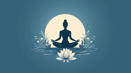 A minimalistic badge for a yoga studio, featuring a simple meditative pose or lotus flower within a soft, circular design, with calming colors like light blue and white