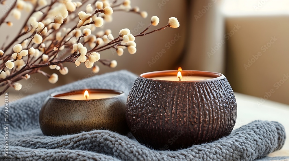 Fototapete beautifully arranged candles in textured holders surrounded by soft textiles for a tranquil setting 