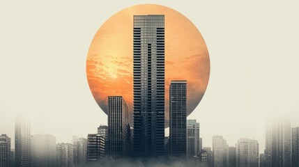 A modern, abstract badge for an architecture firm, incorporating a stylized building or skyline within a minimalist circle, using shades of gray, black, and white