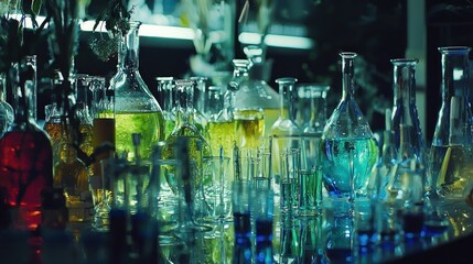 Colorful Chemistry: A mesmerizing array of glass laboratory beakers and flasks filled with vibrant liquids reflects on a sleek, dark surface.