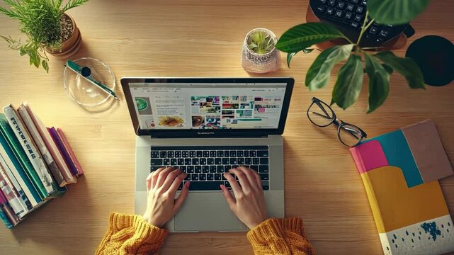 Work from home desk: Overhead view of a cozy and organized work-from-home setup featuring a laptop, lush plants, books, and office supplies, ideal for productivity and creative inspiration.