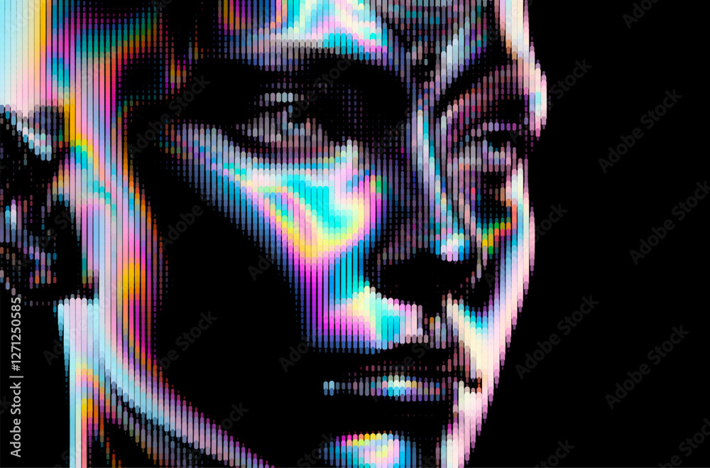 Poster futuristic vector illustration of a digital face composed of iridescent pixelated dots against a bla