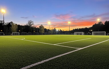 Fototapeta premium A soccer field with bright green grass and freshly painted lines
