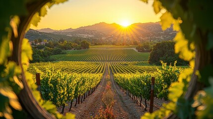 Fototapeta premium Vineyard sunset, hilltop view, rows of vines, golden hour, idyllic landscape, travel brochure