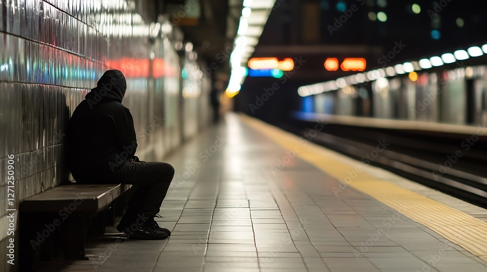 Poster lonely figure seated at a subway station platform in an urban setting at night : generative ai