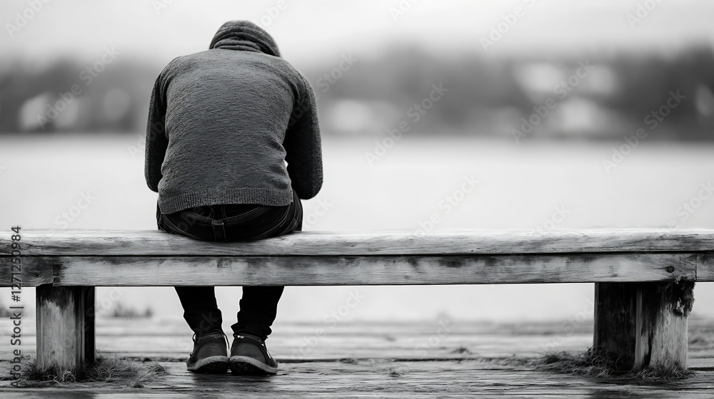 Poster solitary figure sitting on a bench by the water reflecting on a cloudy day in black and white : gene