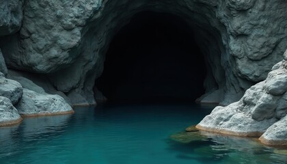 Fototapeta premium Cave entrance with turquoise water in front. Dark mysterious grotto, tunnel to passage, the unknown. Ancient abandoned rock mountain. Adventure exploration landscape of skittish eerie surreal place.