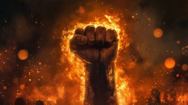 Fiery Fist of Strength Rising from Flames Symbolizing Power and Resistance