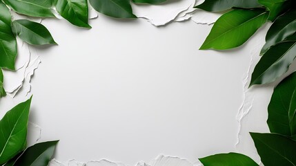 Fototapeta premium Blank Space Surrounded by Lush Green Leaves on Textured Paper Background Ideal for Nature-Themed Designs