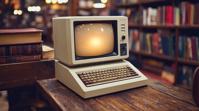 Vintage computer in library; bookshelves background; retro technology