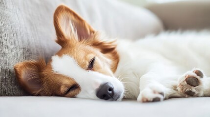 Fluffy and cute dog sleeping peacefully on a cozy couch in a warm home environment : Generative AI