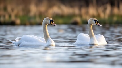 Obraz premium Two elegant swans swimming gracefully on a tranquil lake at sunset in soft golden light : Generative AI